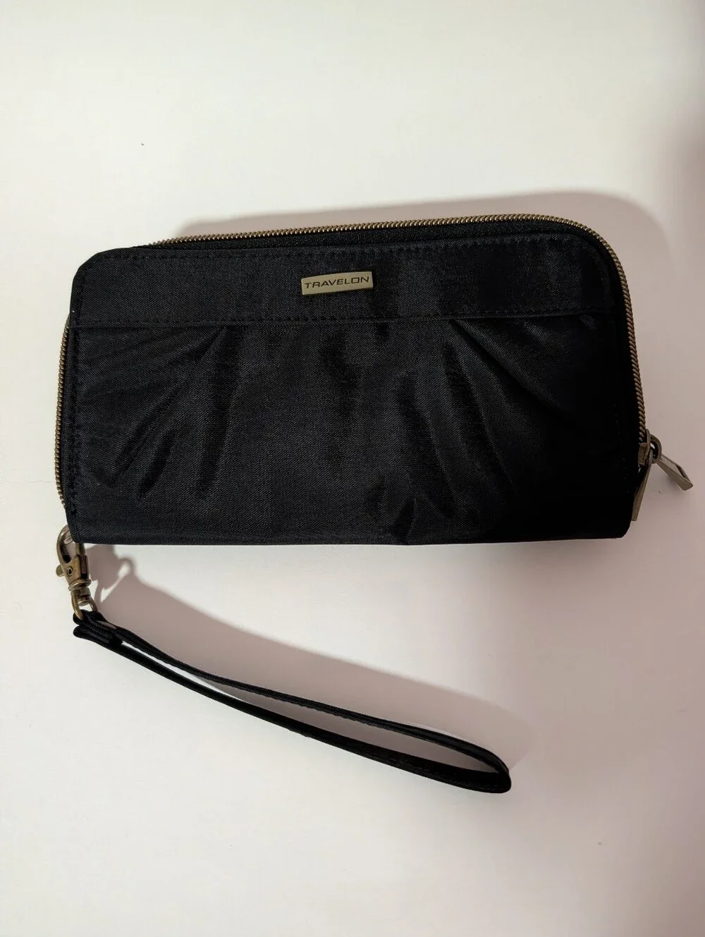 Travelon Black Nylon Wristlet Wallet with Gold Hardware RFID Blocking Technology